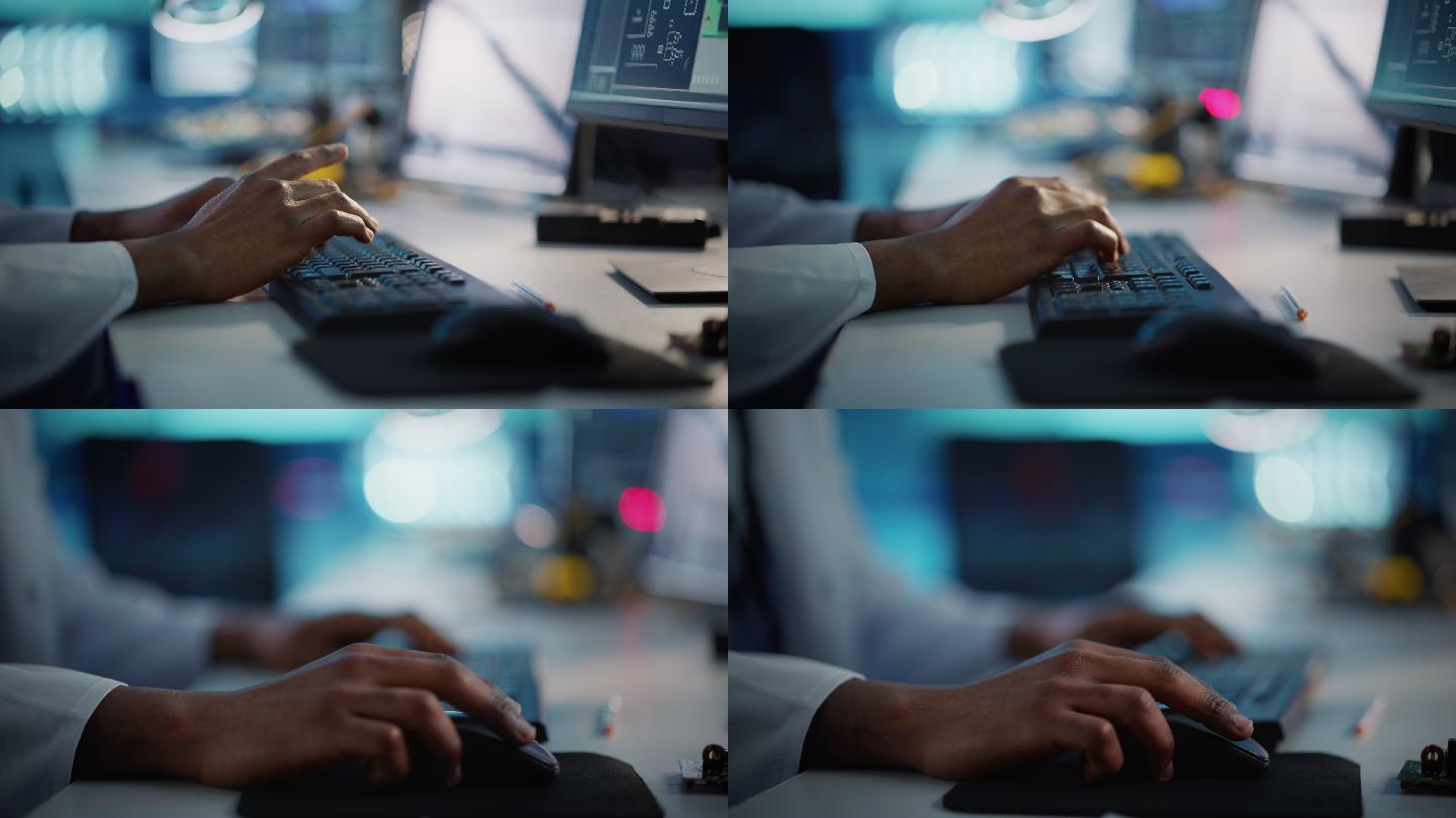 工程师在电脑上工作，用手在键盘上打字