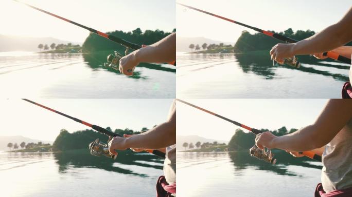在大湖上钓鱼的人拉紧了钓鱼线
