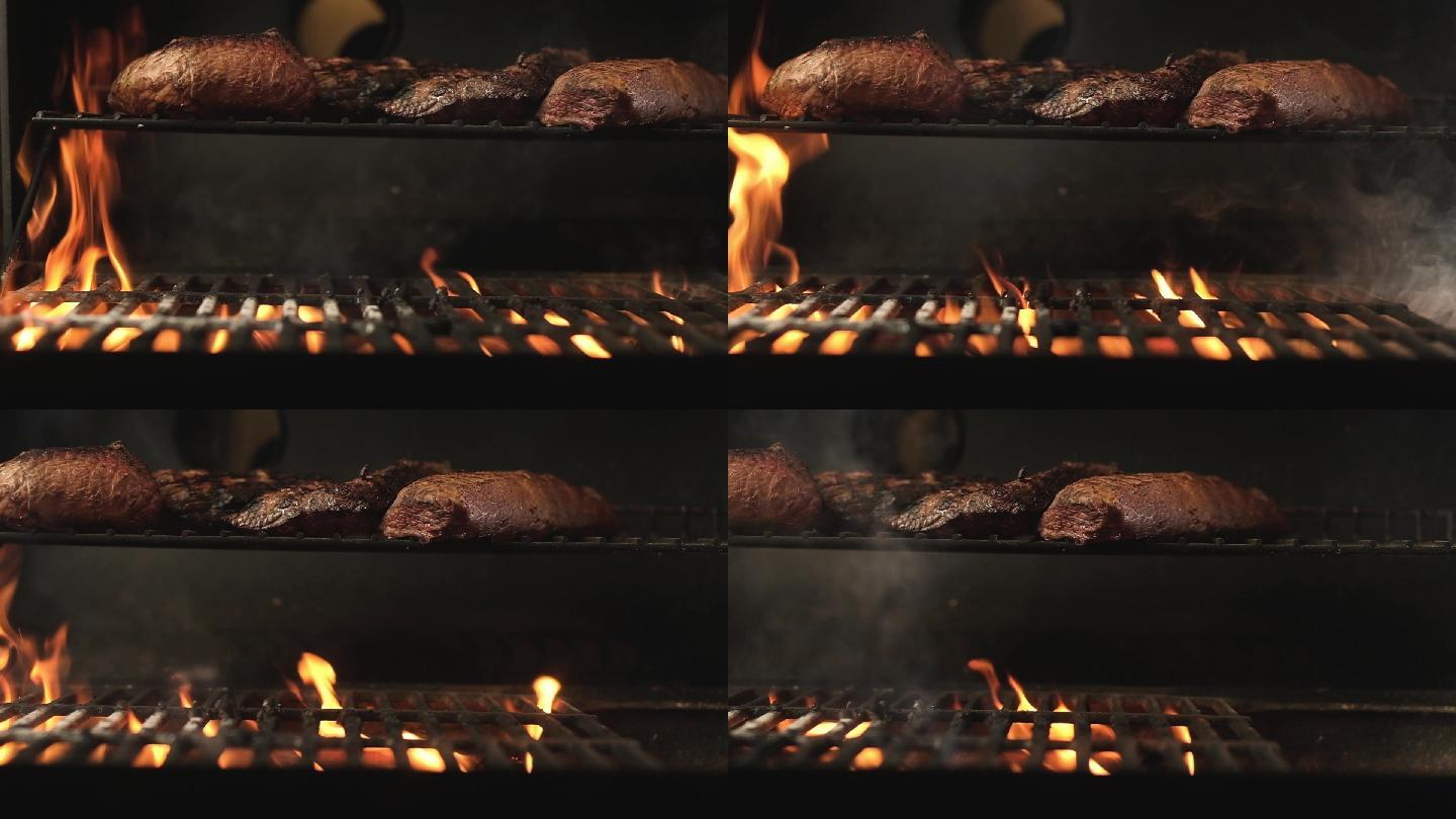 烤肉。肉在热烤架上用火花烤。