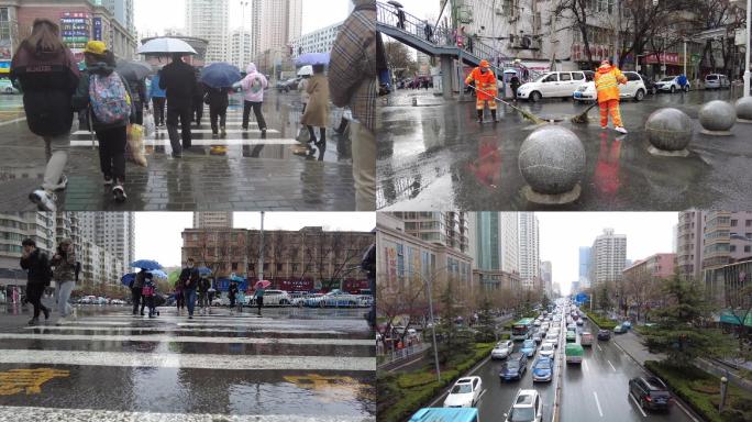 环卫工人作业兰州街道车流雨中行人雨中行车