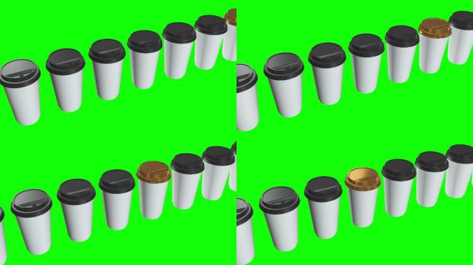 一次性咖啡杯。一排带塑料盖的空白纸杯