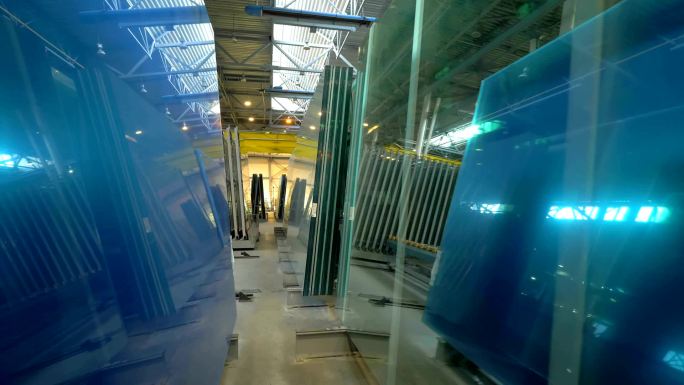 工厂工业仓库上的蓝色玻璃面板