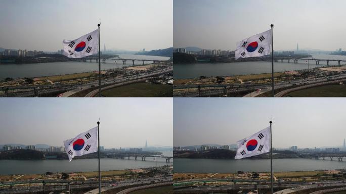 朝鲜国旗旗杆鲜红色视频素材建筑物