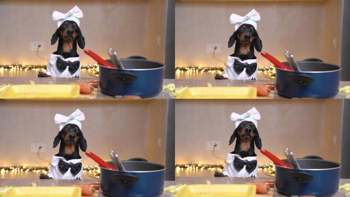 达克斯猎犬身着厨师服准备烹饪美味的晚餐
