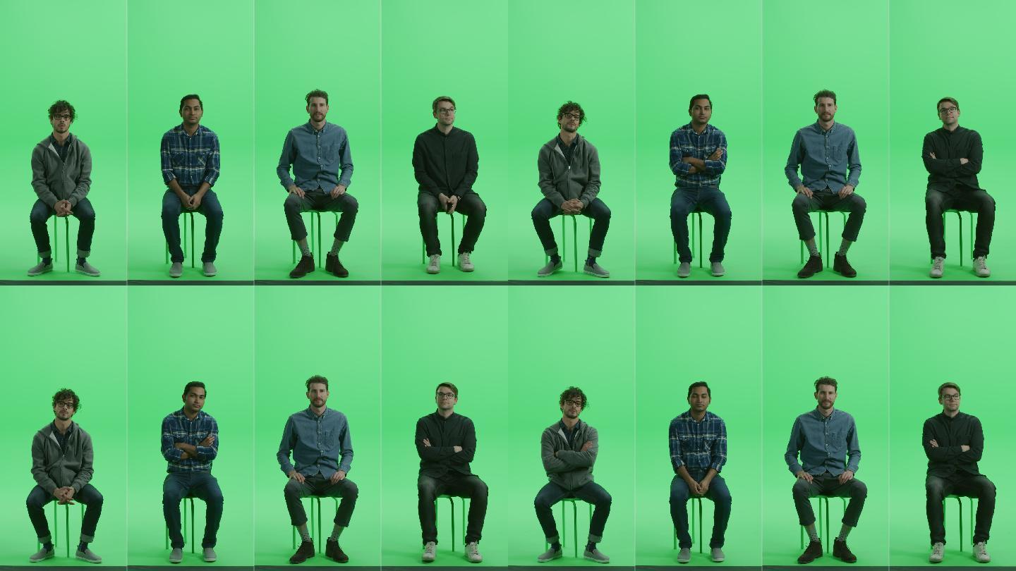四合一绿色屏幕拼贴：四个帅哥坐在椅上