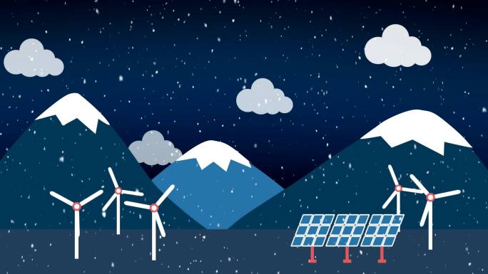 风力涡轮机和太阳能电池板的降雪动画