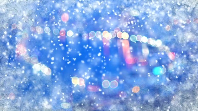 模糊的城市灯光白色粒子下雪雪花圣诞节