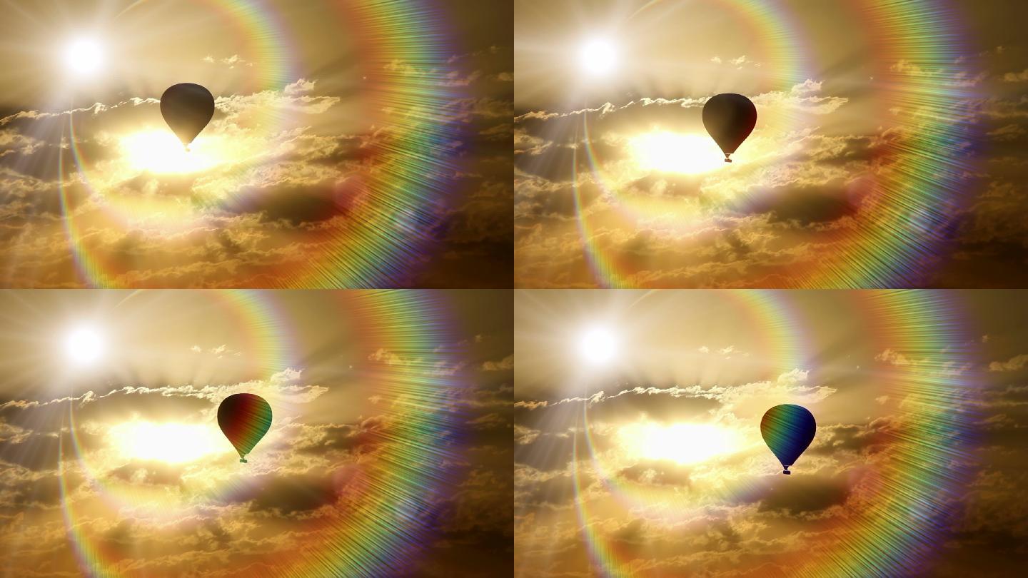 热气球在日落时穿过五颜六色的光线和云层。