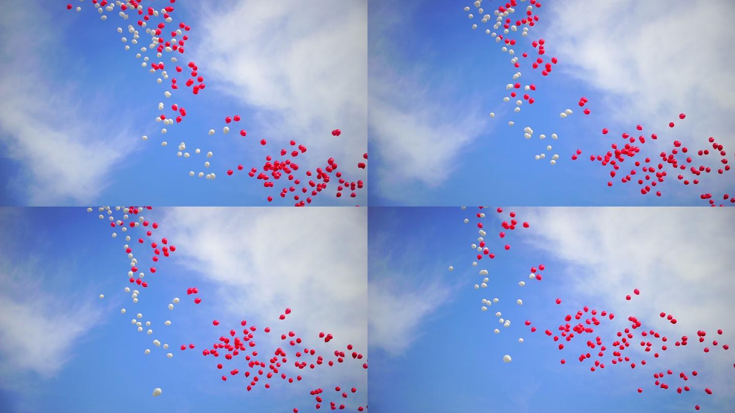 气球在空中飞翔蓝天白云红色白色气球