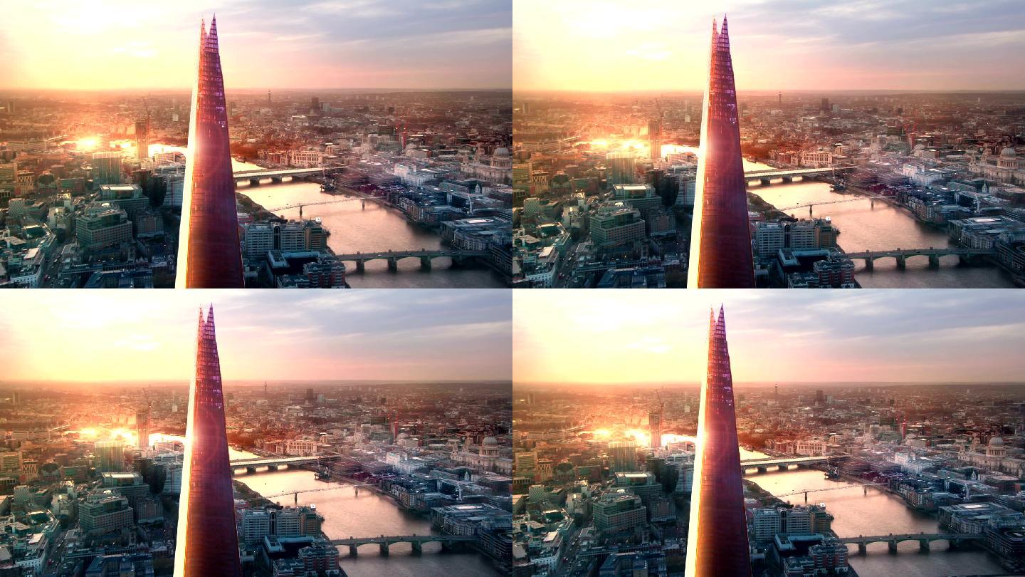 伦敦城、泰晤士河日落时分景观