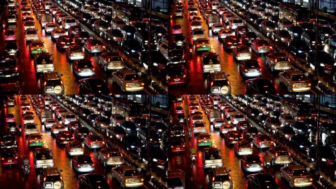 泰国曼谷雨夜交通拥堵