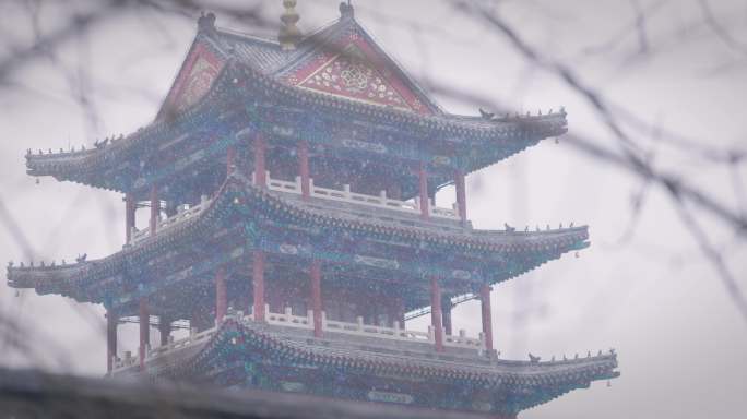 【8K正版素材】雪天古建筑空镜远景固定