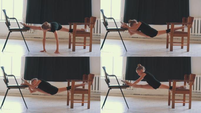 体操女孩在两把椅子上做劈腿动作的特写镜头