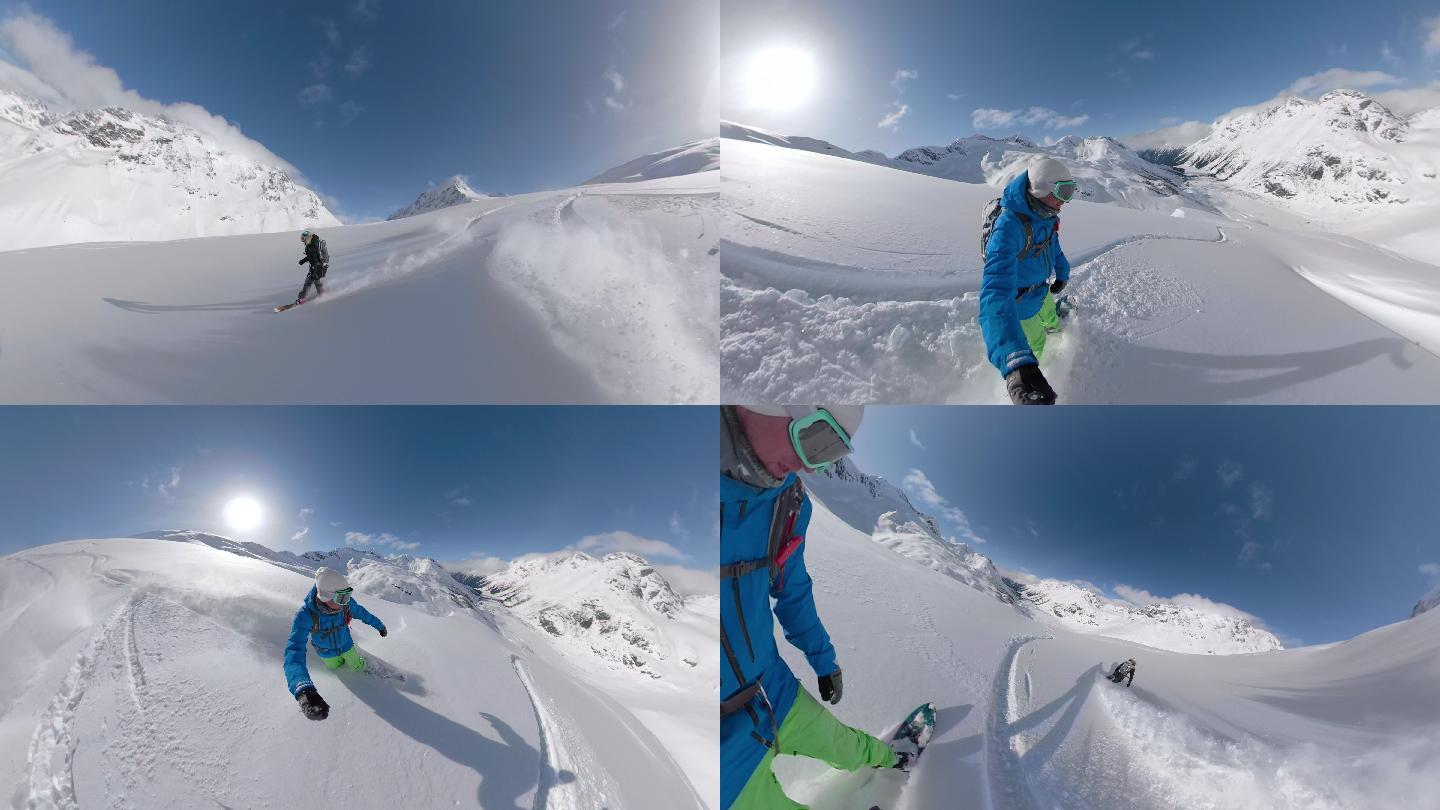 极限运动员在落基山脉的偏远地区滑雪。