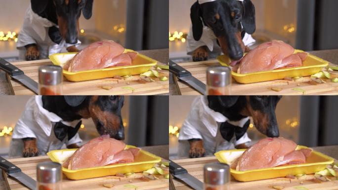 达克斯猎犬穿着厨师的服装偷走了生鸡肉片