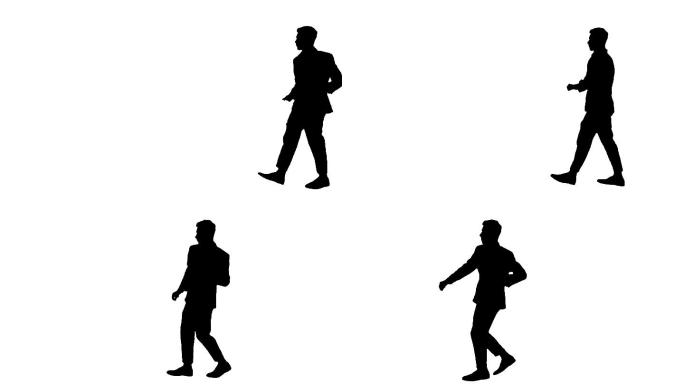 剪影：穿着正式服装的男人走路跳舞