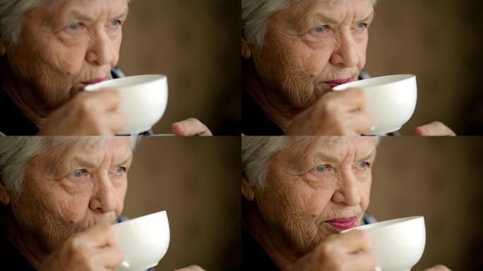 喝咖啡的老妇人国外外国老人老年人生活