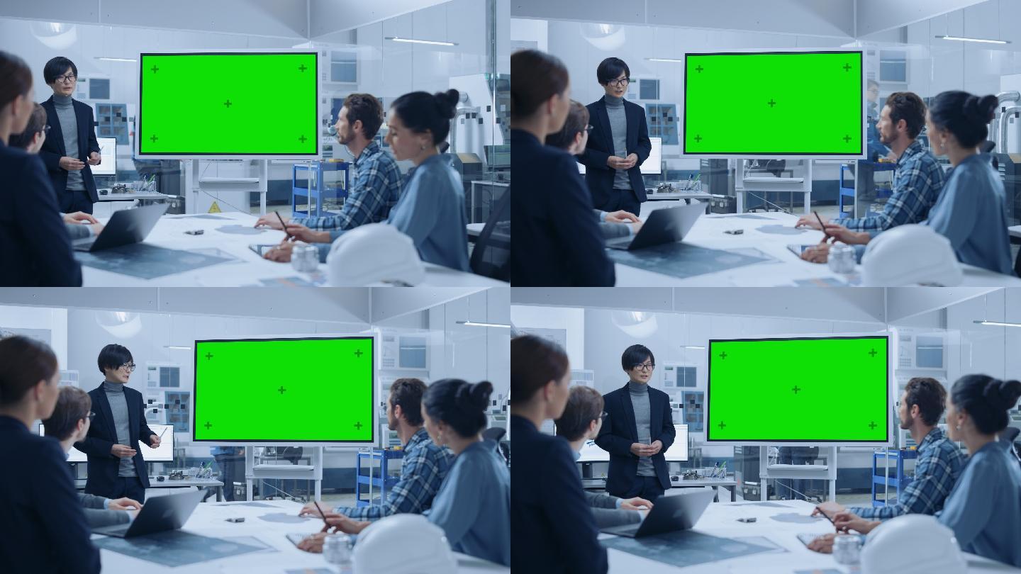 工程师使用交互式绿色模拟屏幕白板汇报工作
