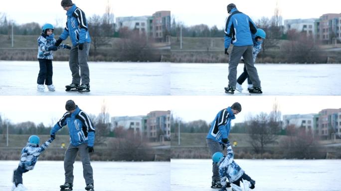 孩子在冰冻的湖面上滑冰