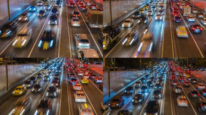 城市大道和路口夜间交通堵塞的超延时视频