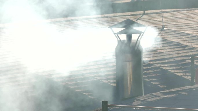 烟雾从码头前瓦片屋顶上的金属管道中冒出来