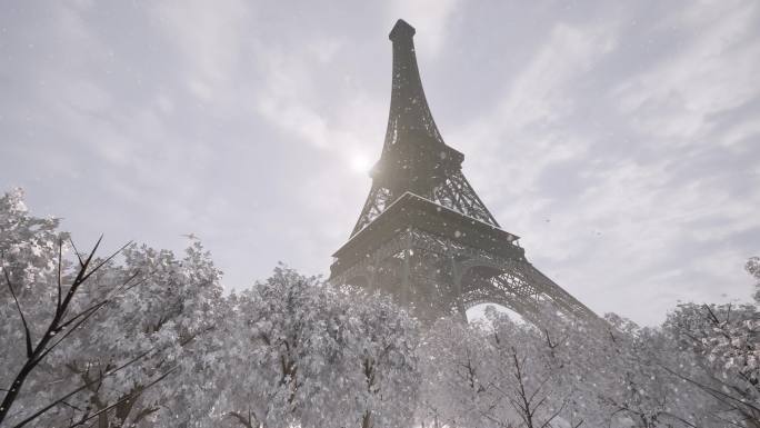 法国巴黎的埃菲尔铁塔冬天下雪景观