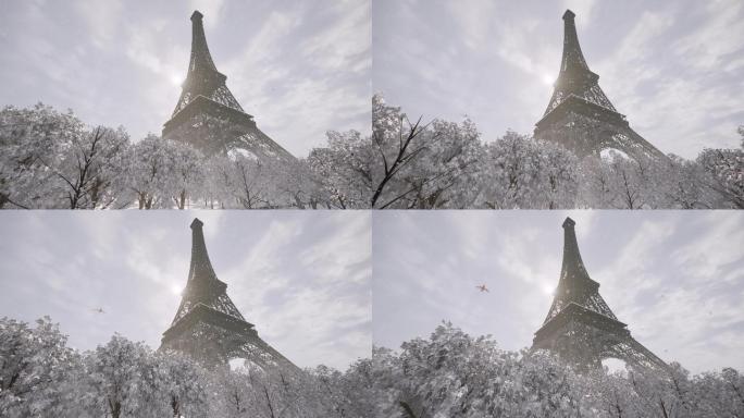 法国巴黎的埃菲尔铁塔冬天下雪景观