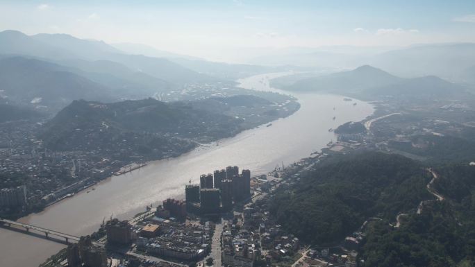 高空山脉城市市区河流航拍延时