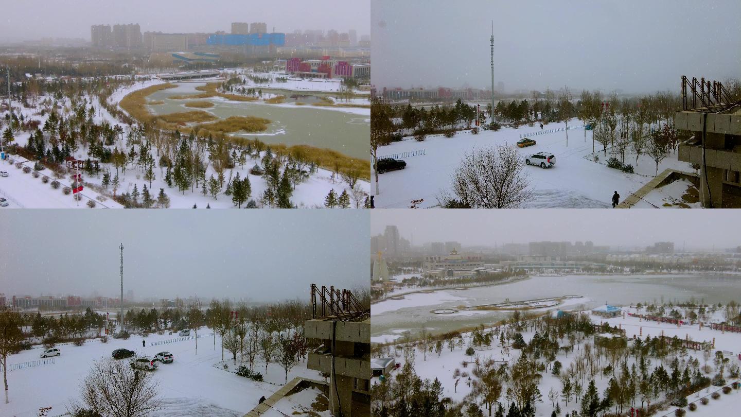 4k实拍北方冬季城市下雪情景