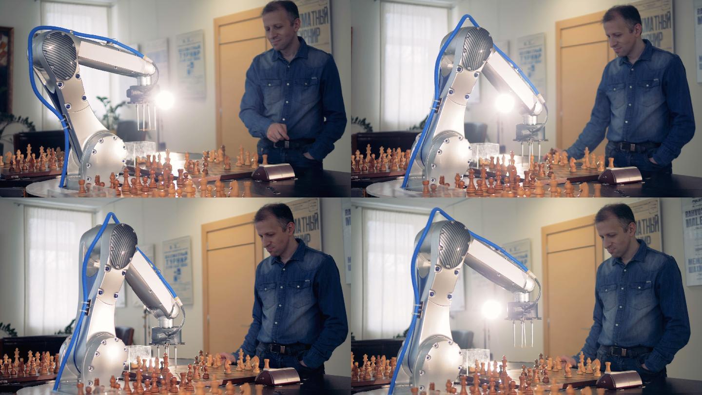 机器人与人下棋。机械臂科技智慧