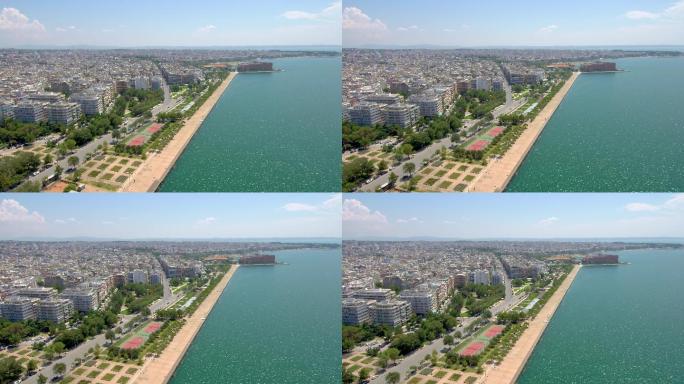 希腊塞萨洛尼基公园的城市海岸鸟瞰图