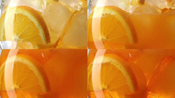 将饮料倒入一杯橙子片和冰块中