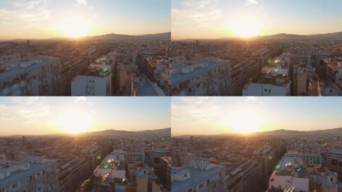 希腊雅典屋顶上美丽日落