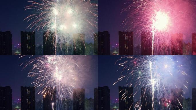 城市烟火高楼烟花城市夜景烟火盛宴