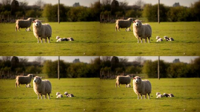 春天的绵羊和羔羊草地上的绵羊小羊羔养殖牧