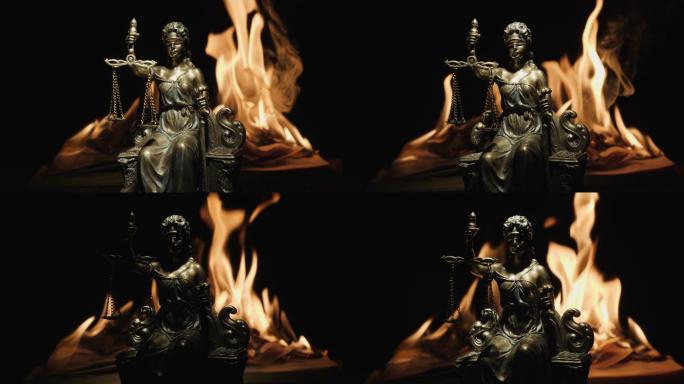 燃烧着的书的火焰背景下的正义女神雕像