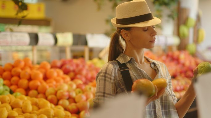 挑选水果的女孩生鲜超市商场卖水果蔬菜瓜果
