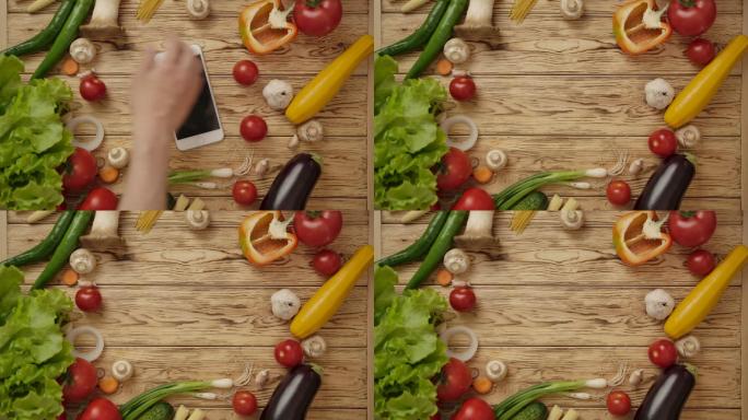 智能手机和蔬菜食材有机食品厨房用品