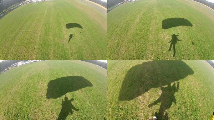 降落伞着陆。降落伞阴影的正面视图。