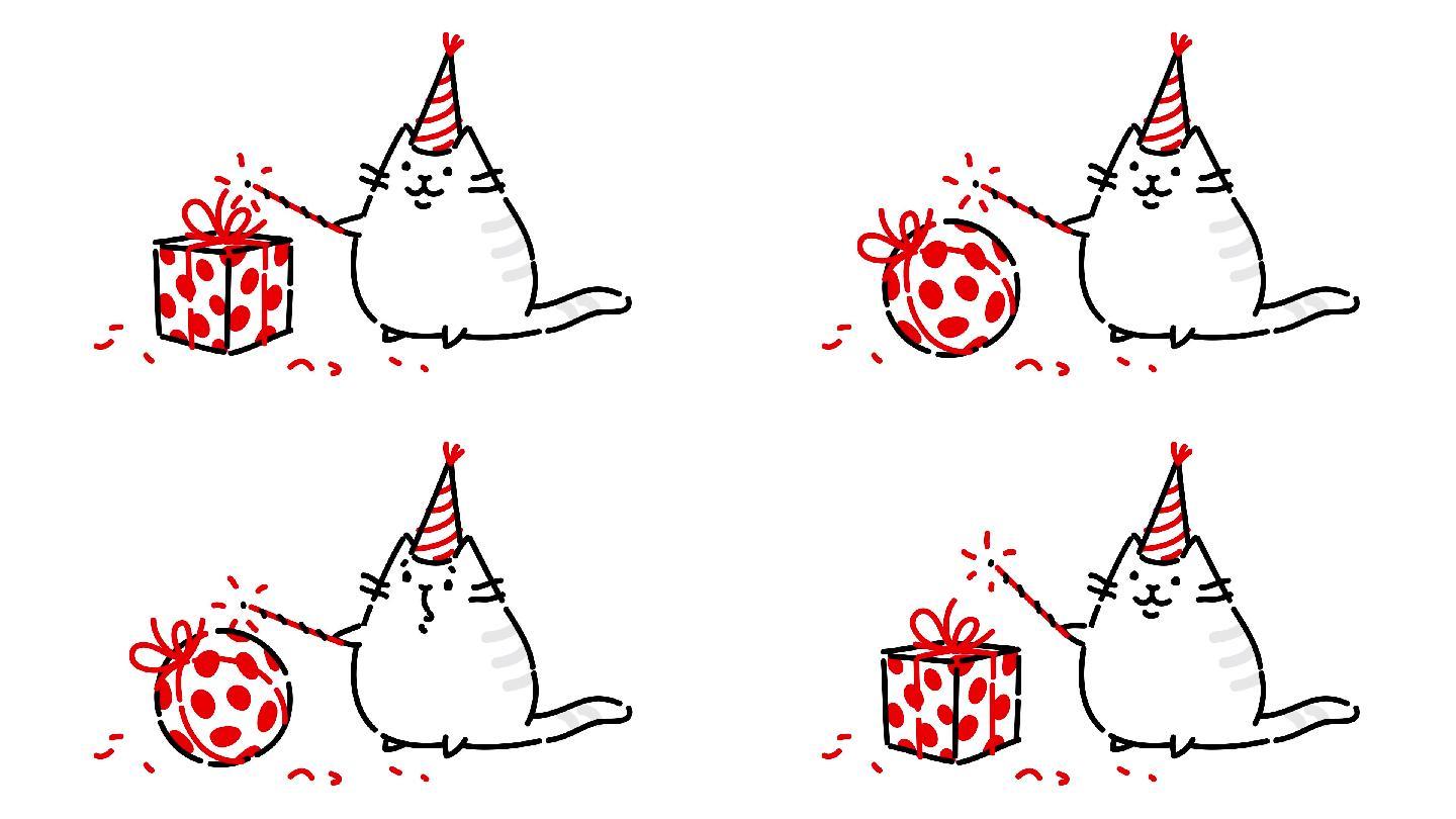一只戴着帽子的小猫带着礼物的视频。