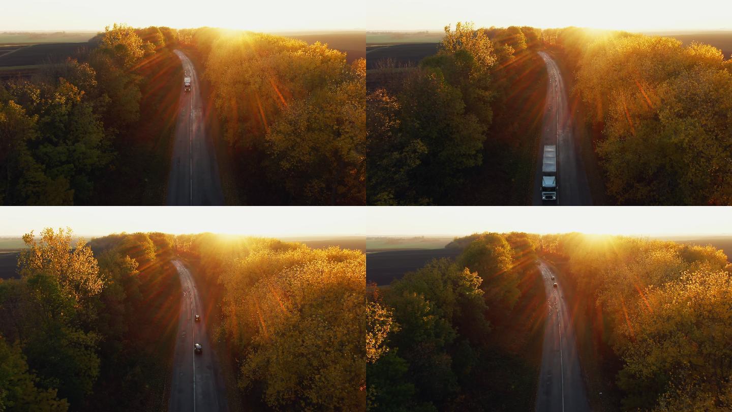 道路鸟瞰图逆光光芒秋季田园风光