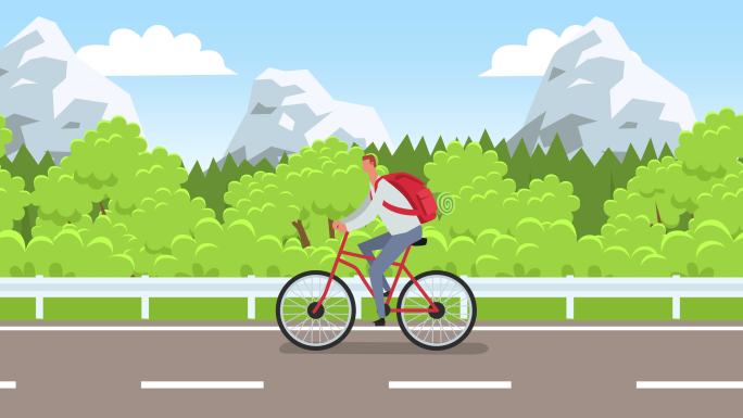 平面卡通人物骑着自行车沿着公路行驶