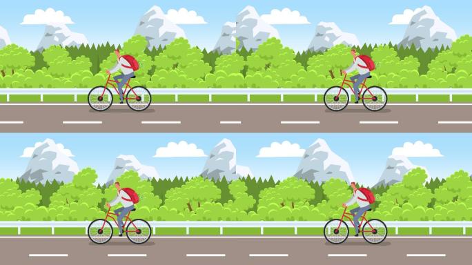 平面卡通人物骑着自行车沿着公路行驶