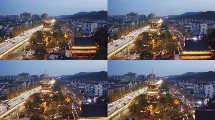 航拍夜晚杭州主城区中河高架鼓楼