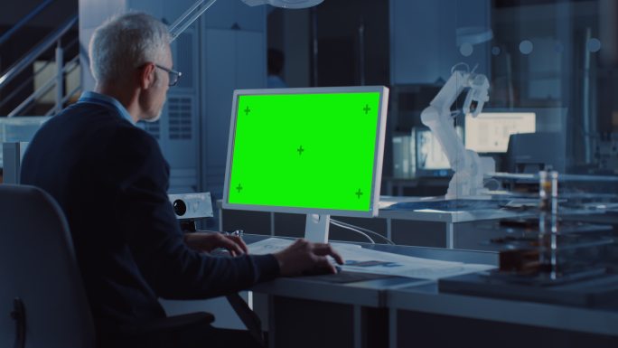 工程师在绿色模拟屏幕计算机上工作