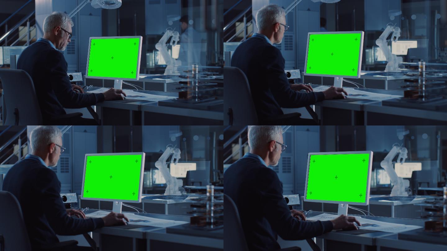 工程师在绿色模拟屏幕计算机上工作