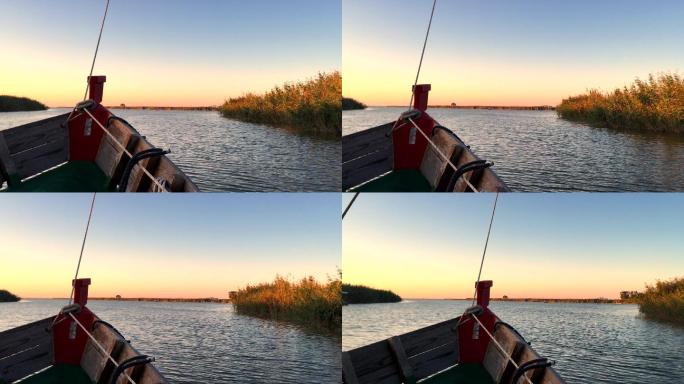 日落时分在湖上航行