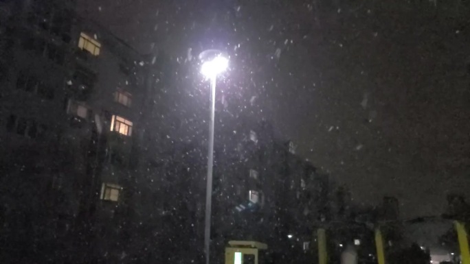 夜间街头路边雪路灯城市 下雪