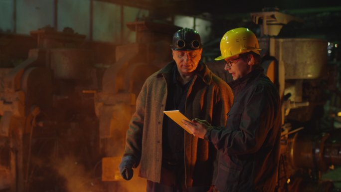工程师和工人在铸造厂交谈。