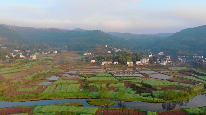 航拍乡野田间河流